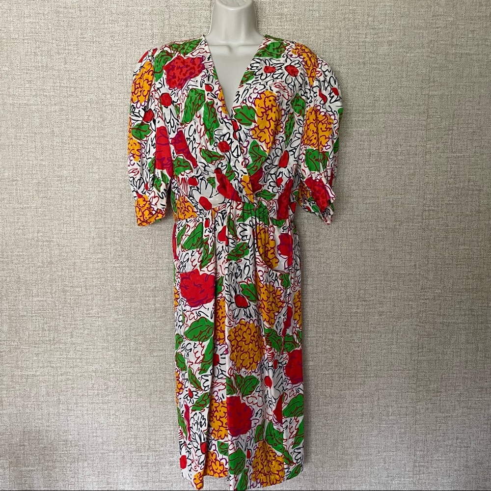 Vintage 80's Givenchy Abstract Silk Floral Print Wrap Dress Sleeves Parisian